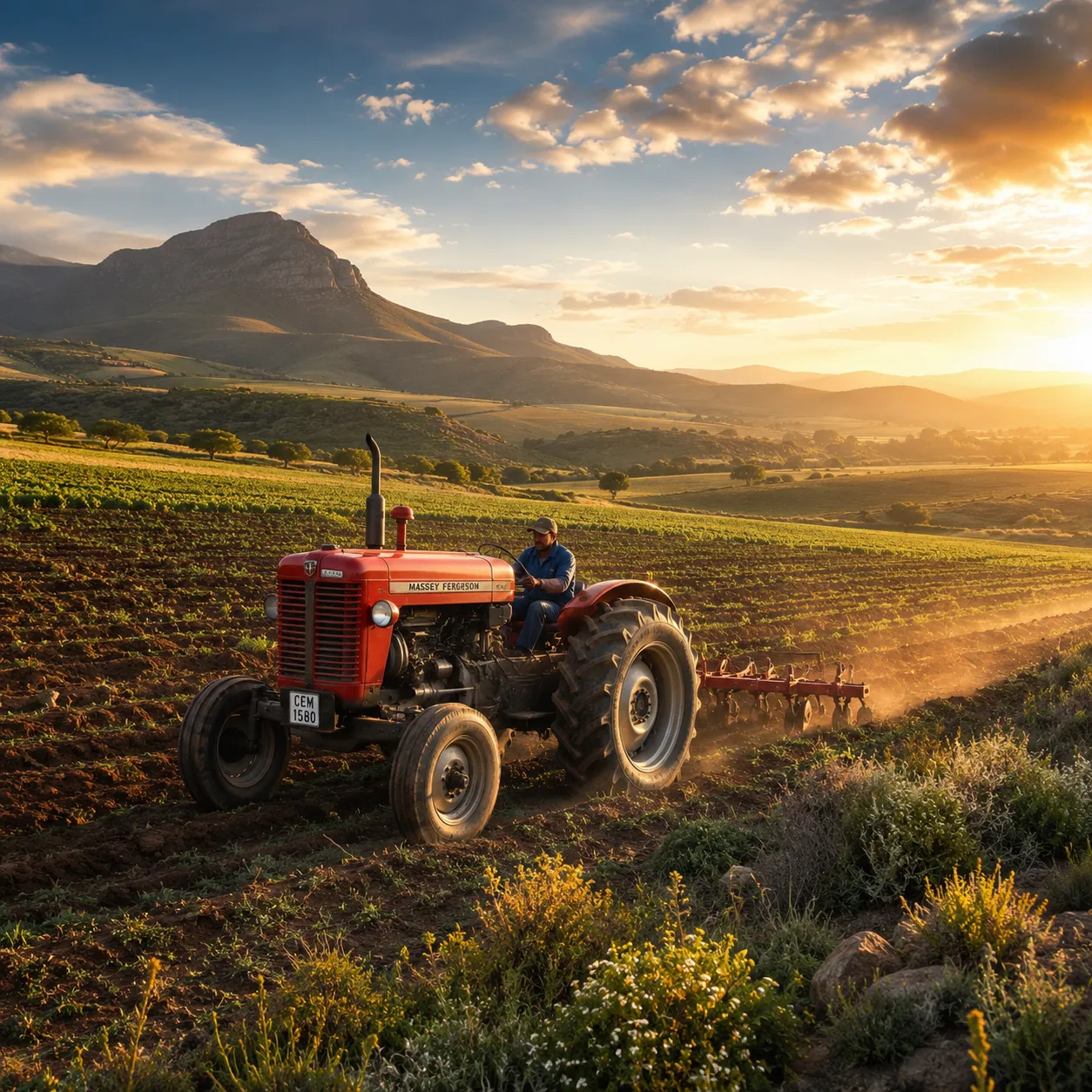 A tractor working long rows of crops on a Western Cape farm at golden hour.
